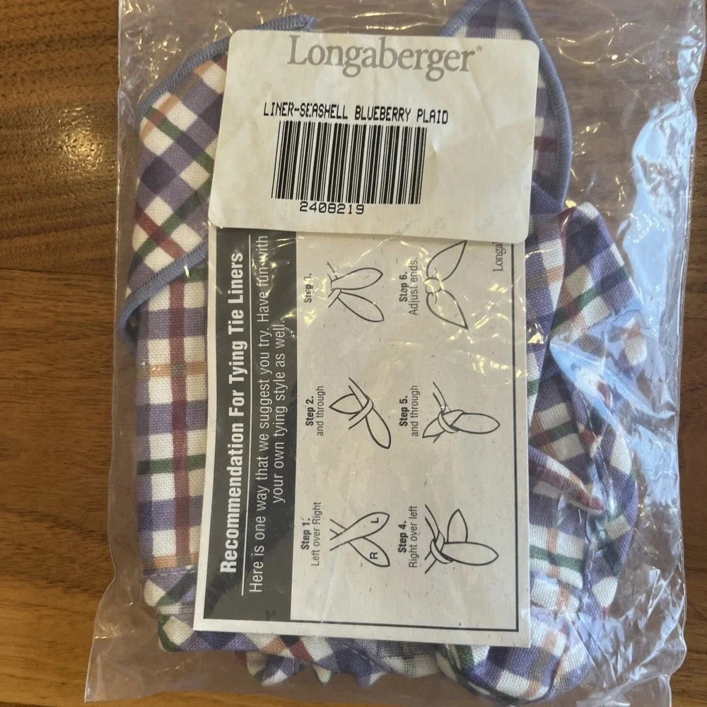 Longaberger Fabric Liner & Handle Tie For Seashell Basket in Blueberry Plaid NEW
